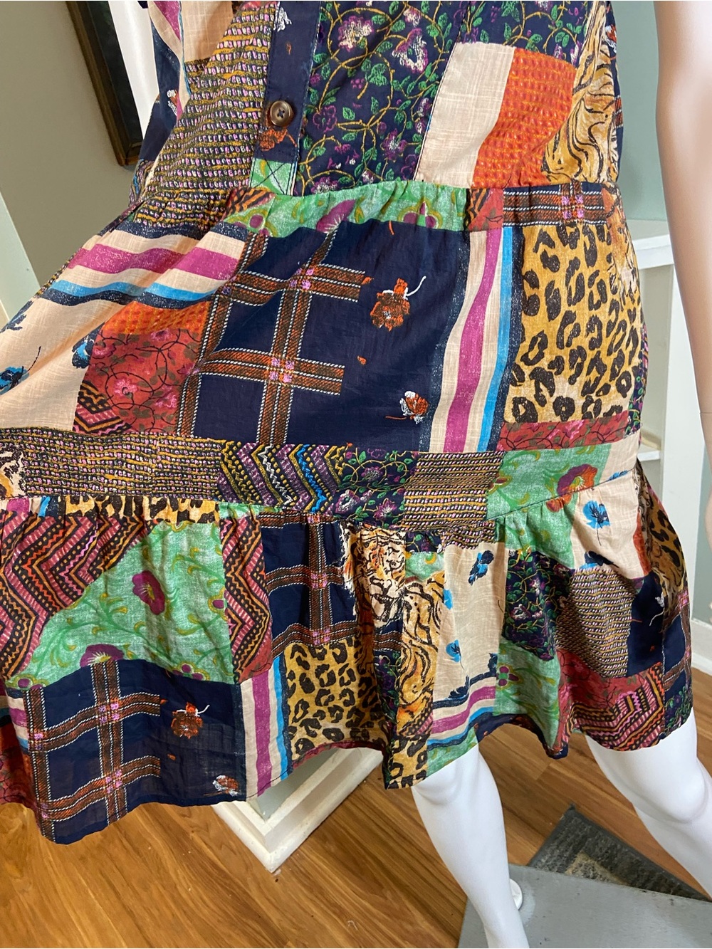 Pilcro Patchwork Tiger Leopard Tiered Mini Babydoll Dress XSmall XS - Picture 10 of 15